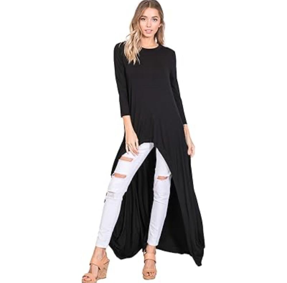 Annabelle Black Tunic Top Dress Maxi High-Low Hem Large/XL Comfy Flowy Boho